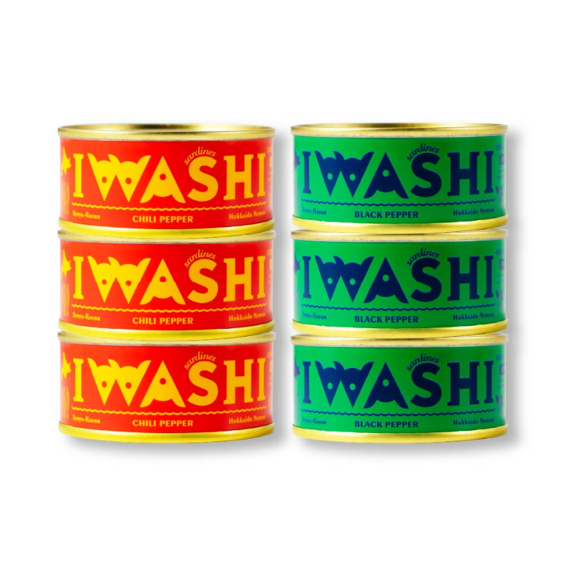 【缶詰】IWASHI-北海道いわし醤油漬 唐辛子入&times;3個 黒胡椒味&times;3個 保存食・長期保存・おつまみ 【パケ大】