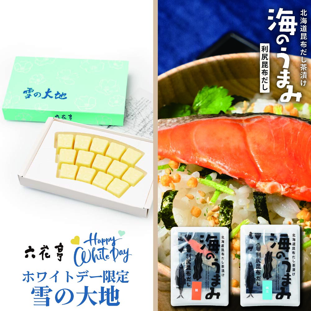 甘くない ホワイトデー セット 六花亭 ホワイトデー限定 雪の大地 ゆきのだいち 14個入×2パック 海のうまみ（鮭・帆立）各1パック セット  メール便 送料無料 ホワイトチョコ 生チョコ チョコレート ギフト プレゼント ホワイトデー お返し