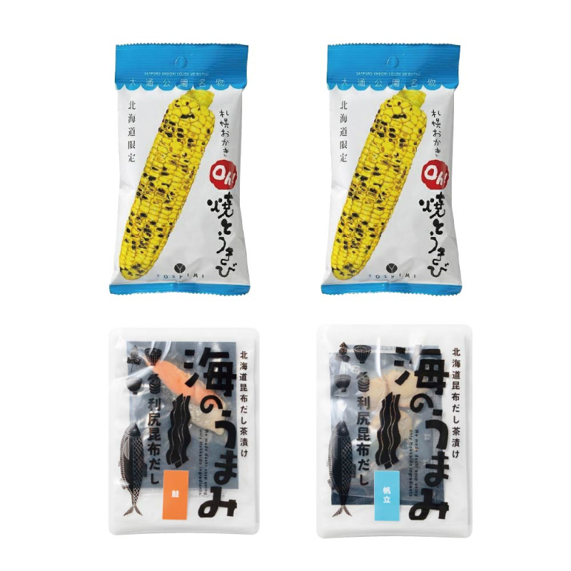 ヨシミ 札幌おかきOh!焼とうきび 小袋×2個 + 高級海鮮お茶漬けセット おまかせ2個 合計4個セット 牡蠣・明太子 【パケ】