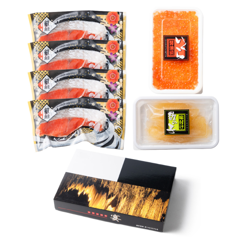 塩紅鮭・魚卵2種詰合せ 北海道加工 塩紅鮭 2切&times;4パック いくら醤油漬60g 味付数の子80g 海鮮セット 鮭 【産直】